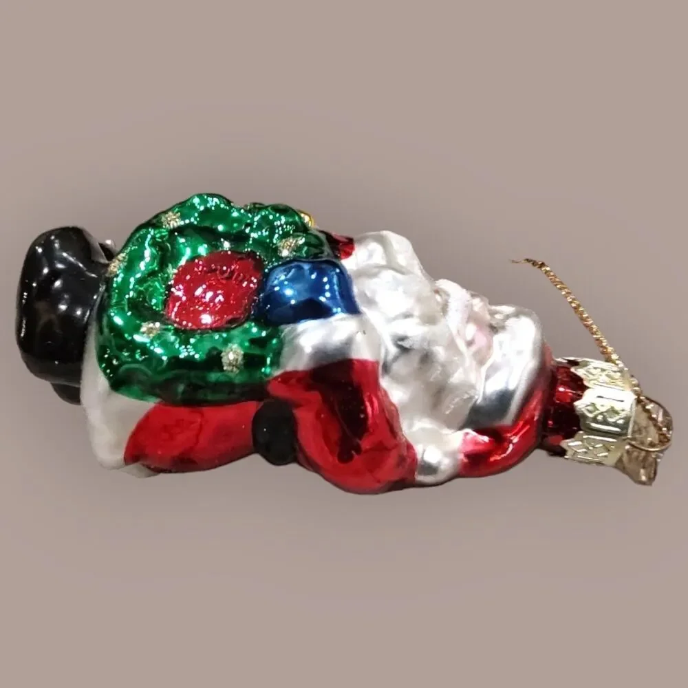 Jolly Santa Blue Gloves Horn Christmas Wreath Ornament Blown Glass Pacconi 2002